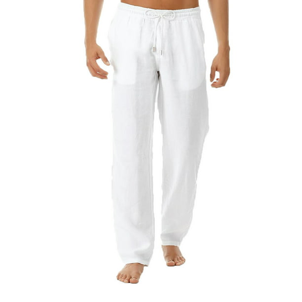 Casual Men's Drawstring Straight Pants Loose Cotton Linen Trousers Beach Pants